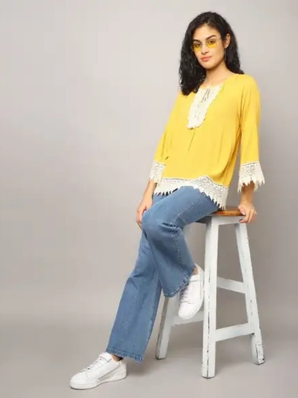 Gipsy Mustard Lace-Trimmed Peasant Tunic with Tassel Tie